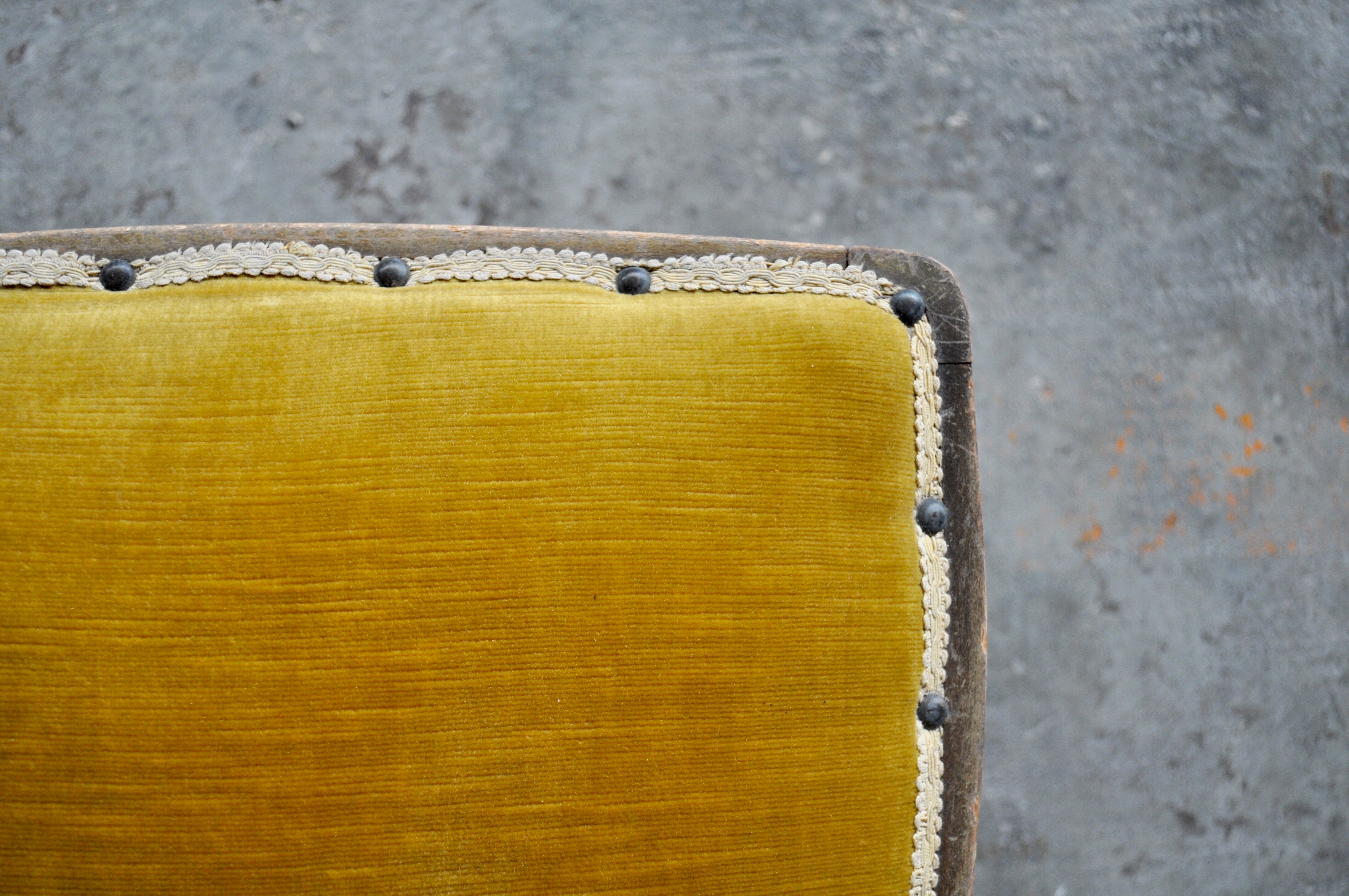 Vintage walnut chairs with studs & straps and springs in velvet, italy, 1920s