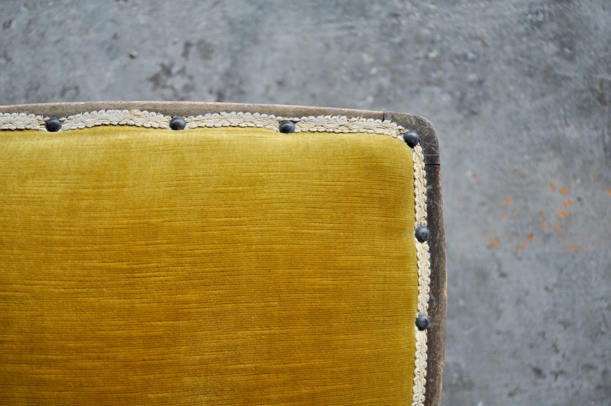 Vintage walnut chairs with studs & straps and springs in velvet, italy, 1920s