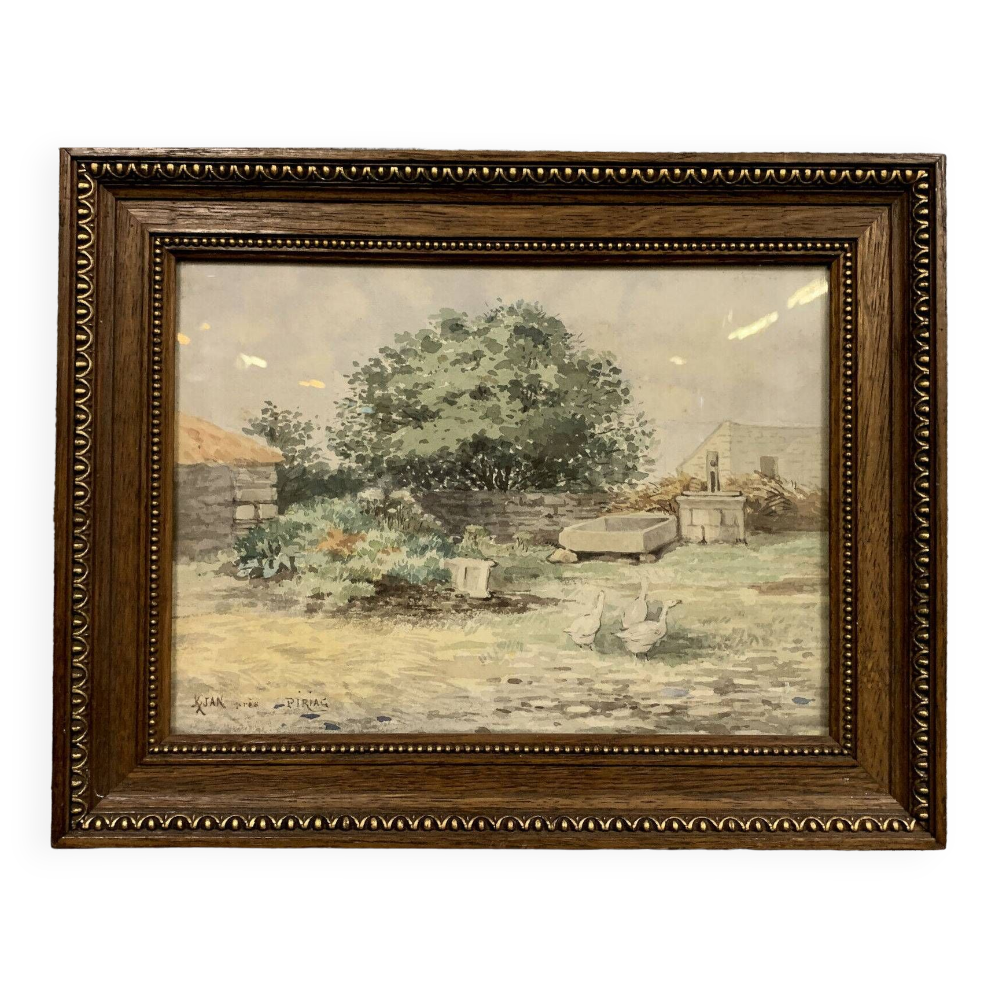 French School around 1900: pretty watercolor signed KX JAN "the meadows with the geese"