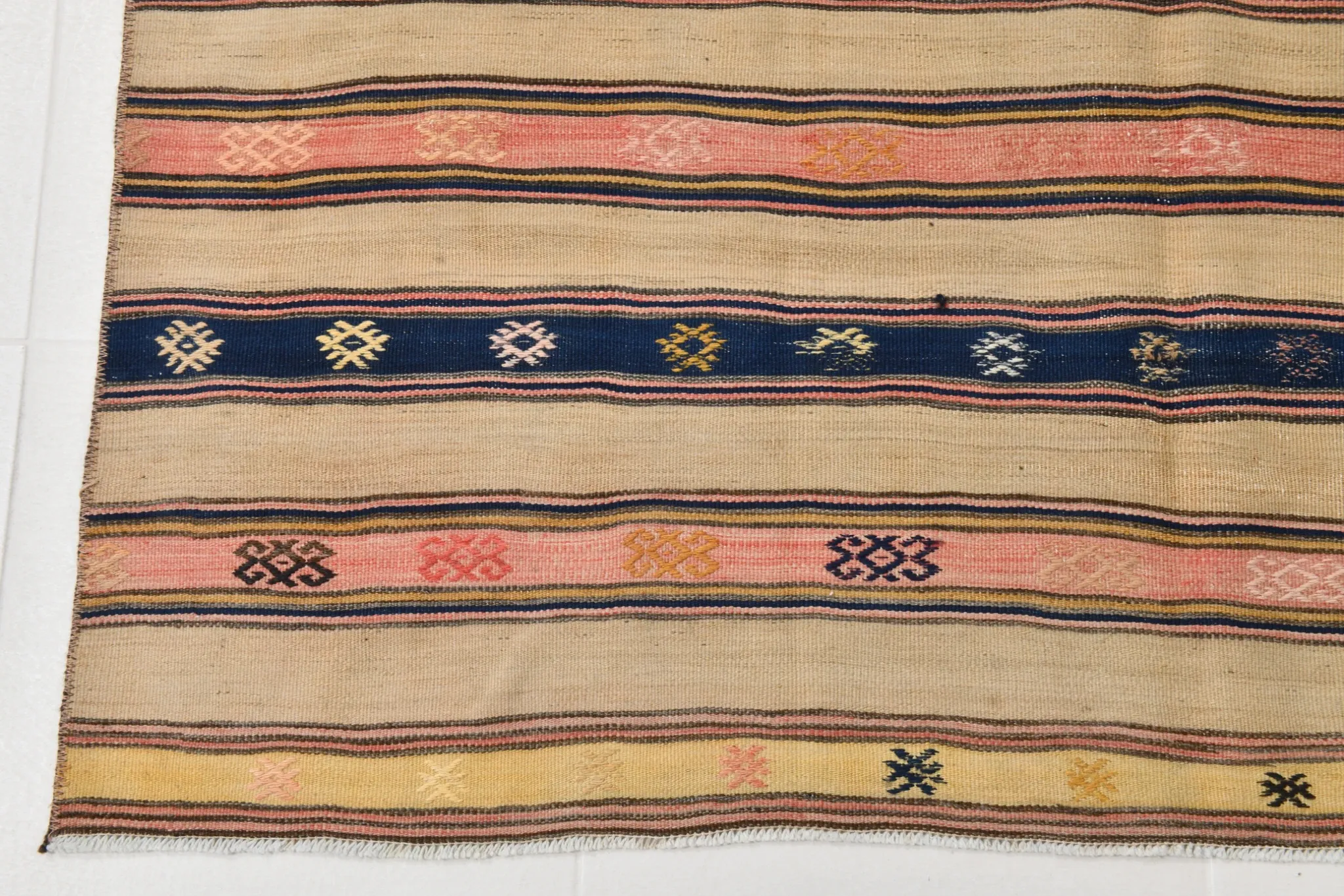 Turkish Vintage Blue & Beige Kilim Rug, Mid Century Modern Farmhouse Decor