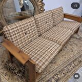 Vintage 3-seater pine sofa, Brutalist style, 1980s