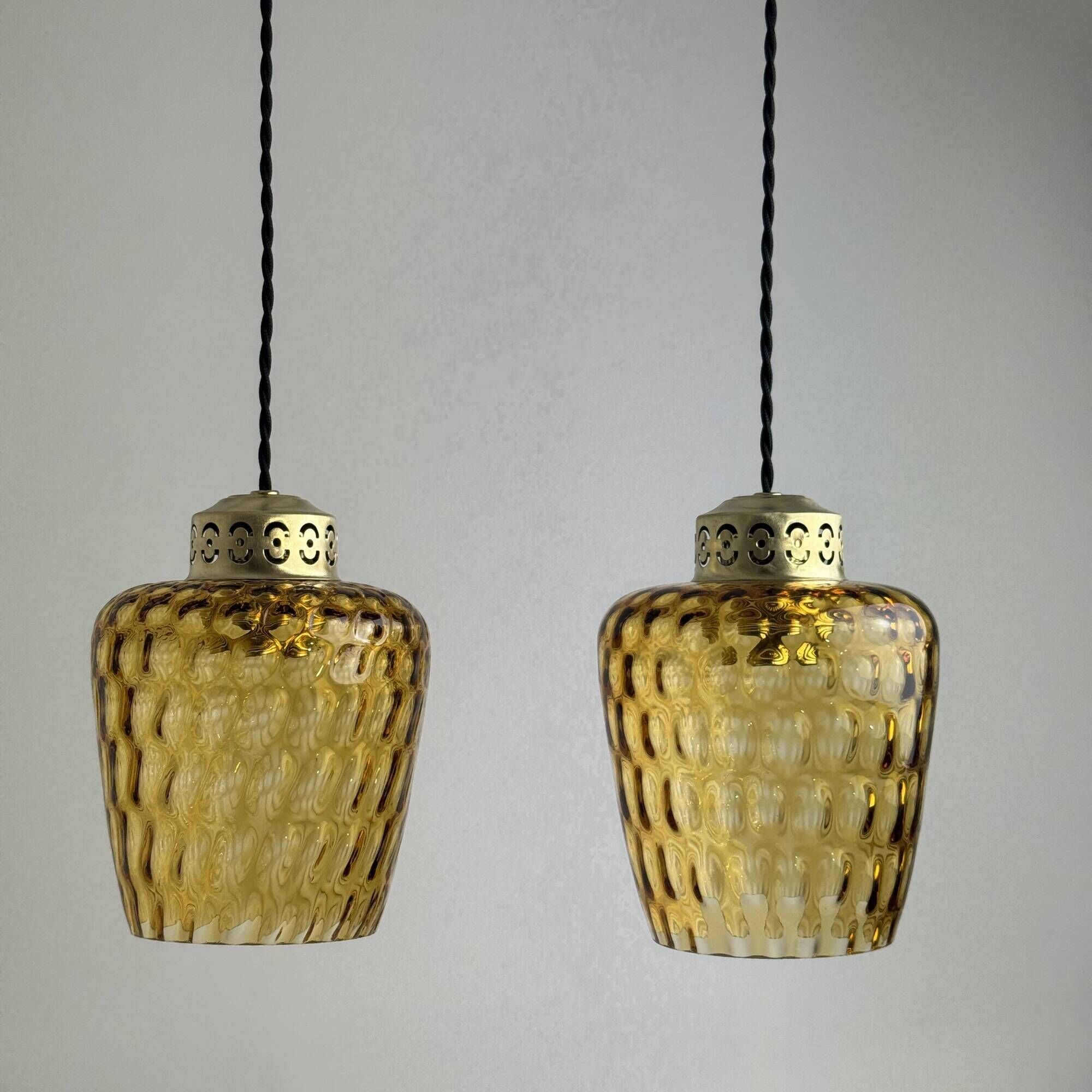 PAIR OF ANTIQUE TEXTURED AMBER GLASS SUSPENSIONS VINTAGE
