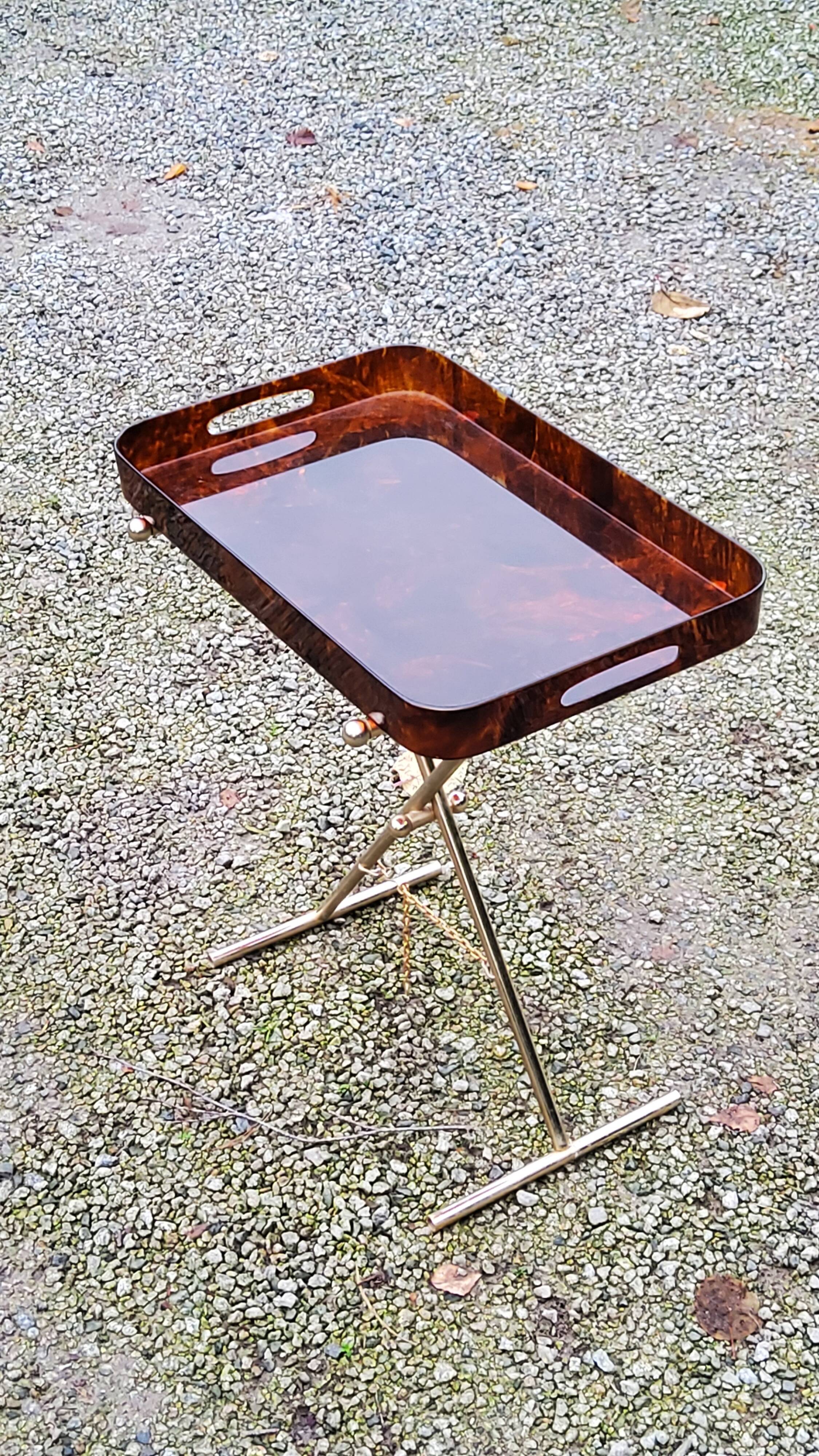Gold metal side table with tortoiseshell lucite top from the 70s
