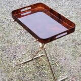 Gold metal side table with tortoiseshell lucite top from the 70s