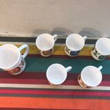 Old pitcher service - 5 mobil opaline white cups - vintage 70s drawing