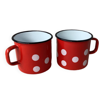 Red enameled tin cups with white polka dots