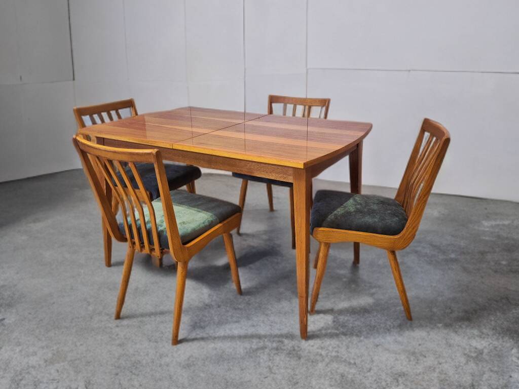 Dining room set, extendable table and 4 chairs, Czech vintage 19.
