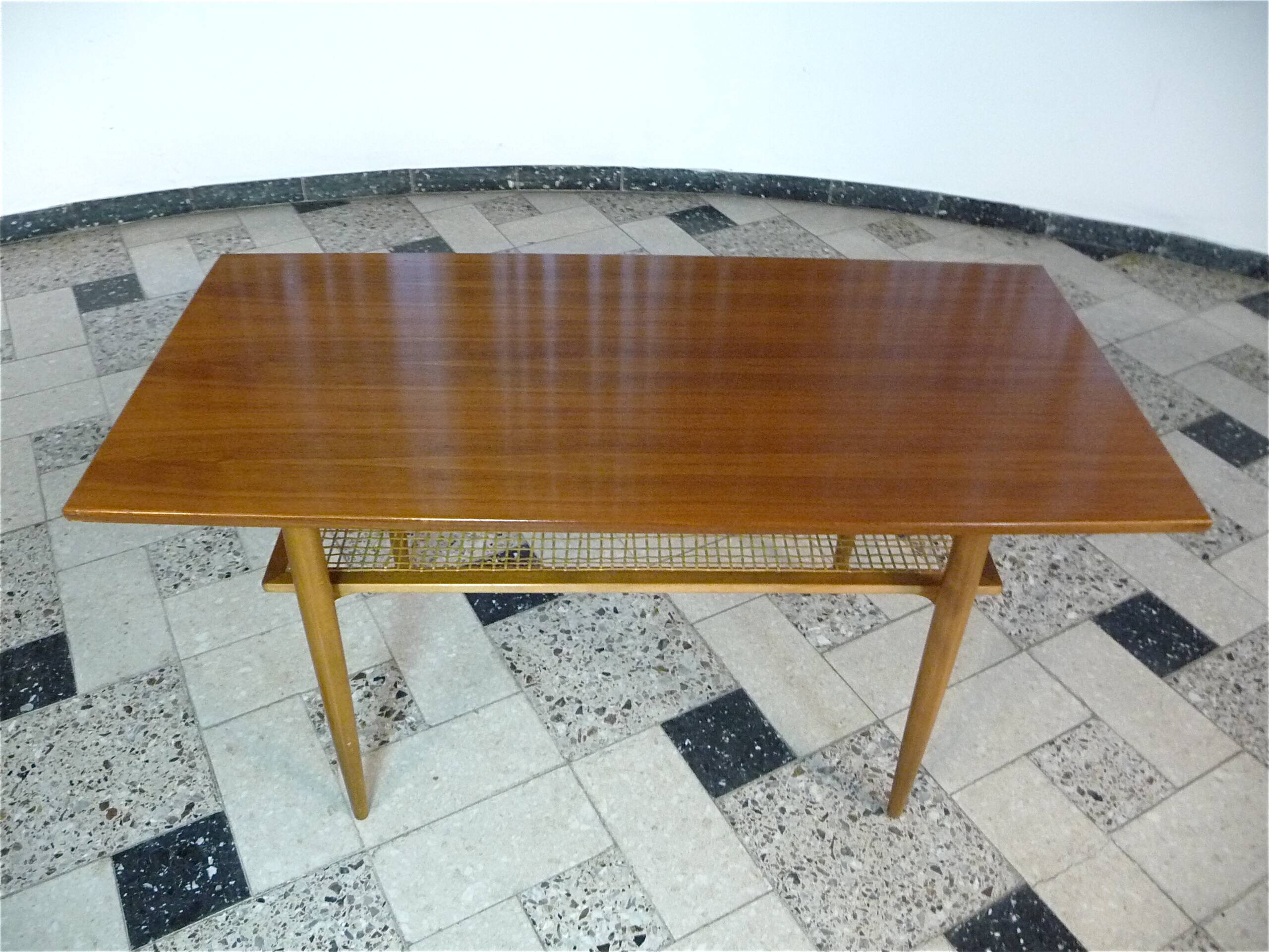 Wilhelm Knoll Side or Coffee Table with Lower Shelf in Woven Cane, Germany 1950s