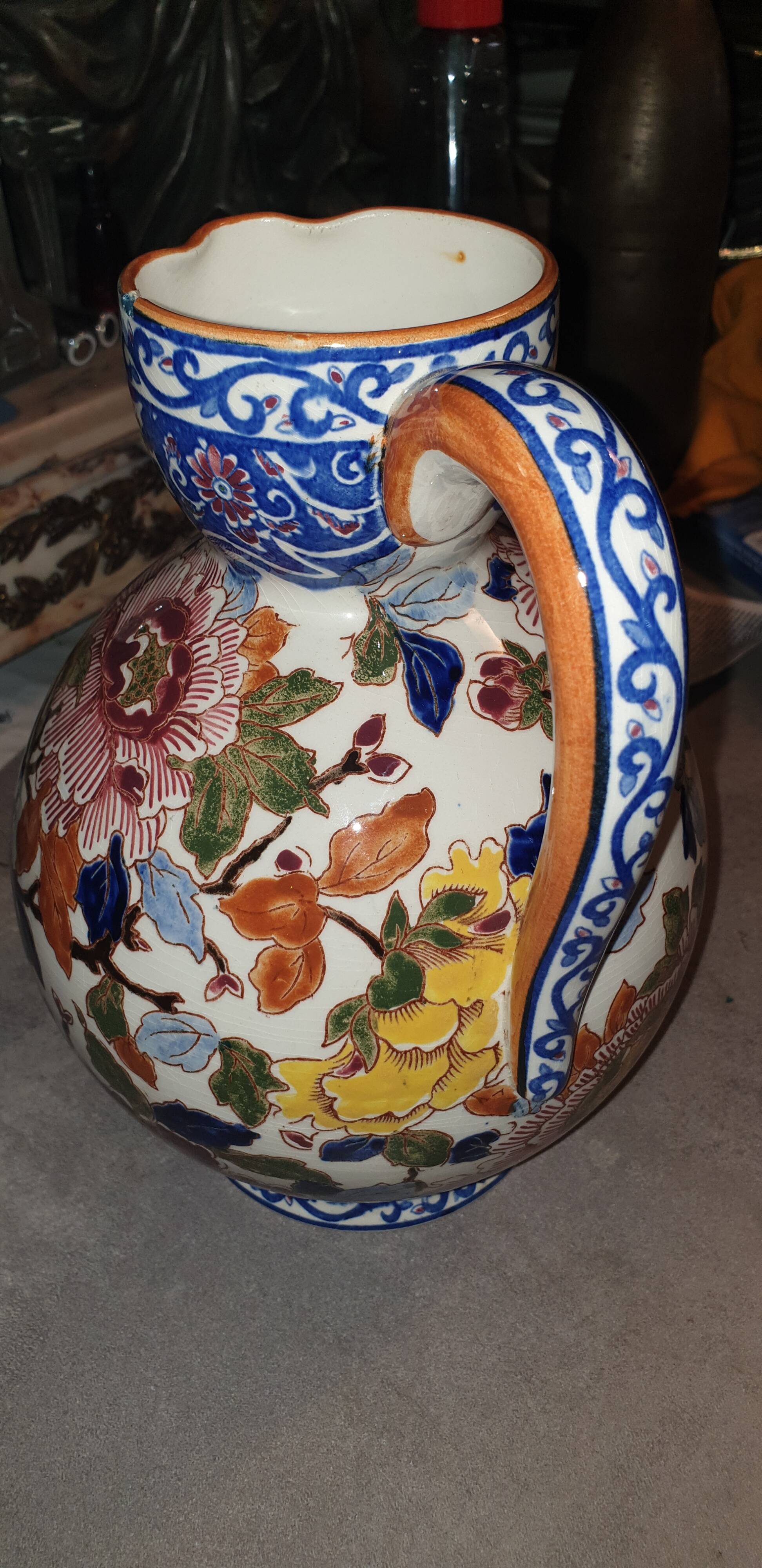 Gien earthenware pitcher peony decor.