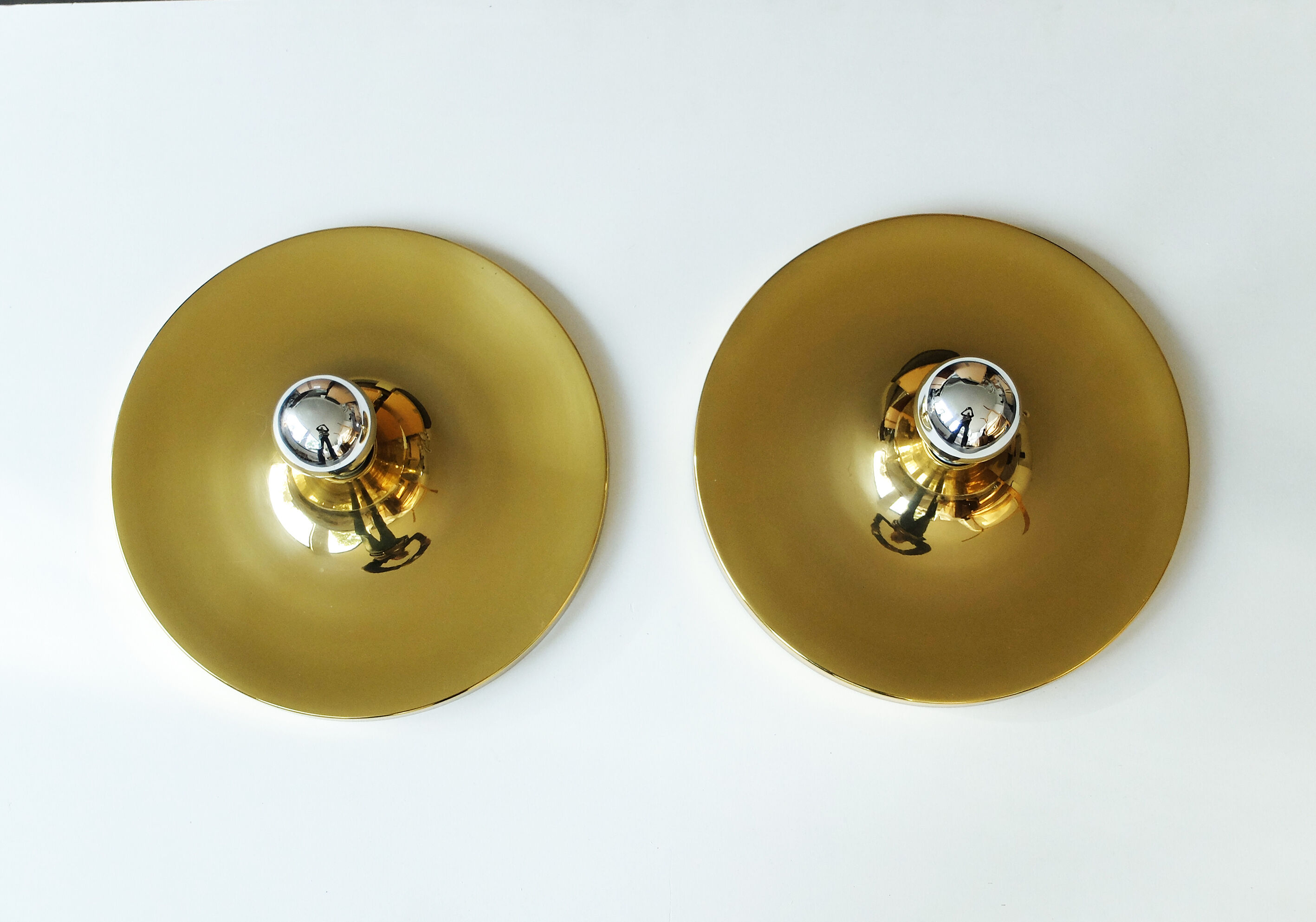 Pair of gold space-age wall lamps flush light gold sölken leuchten germany
