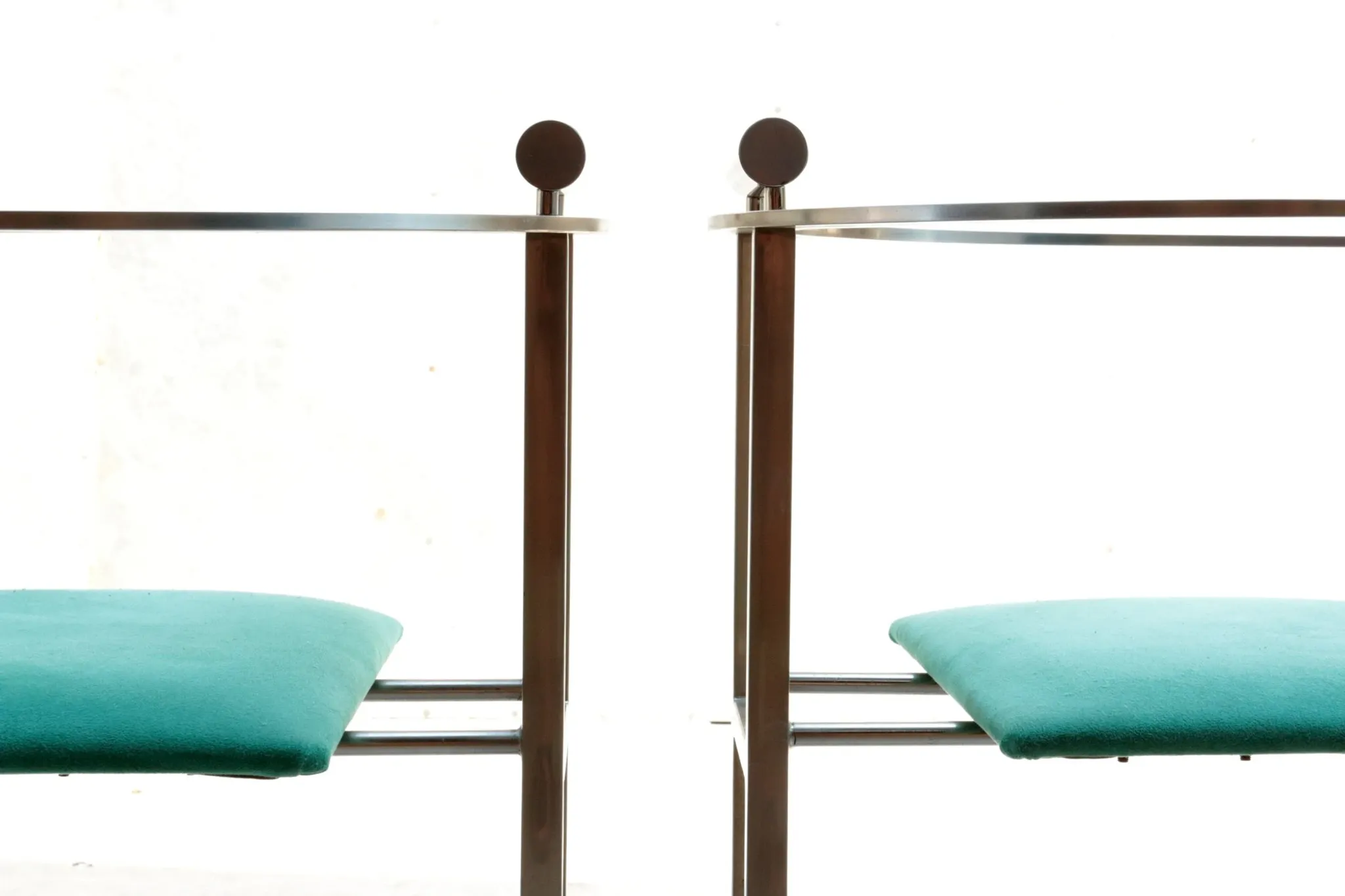 Pair of Memphis style Belgo Chrom chairs, steel and green velvet, 1980s