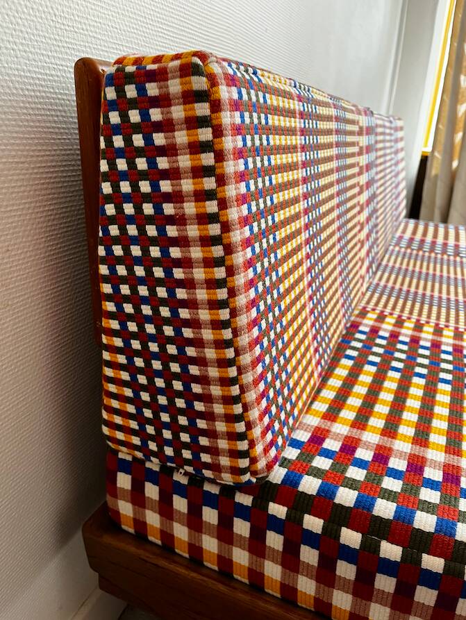 Peter Hvidt Knoll wooden banquette sofa with new cushions.