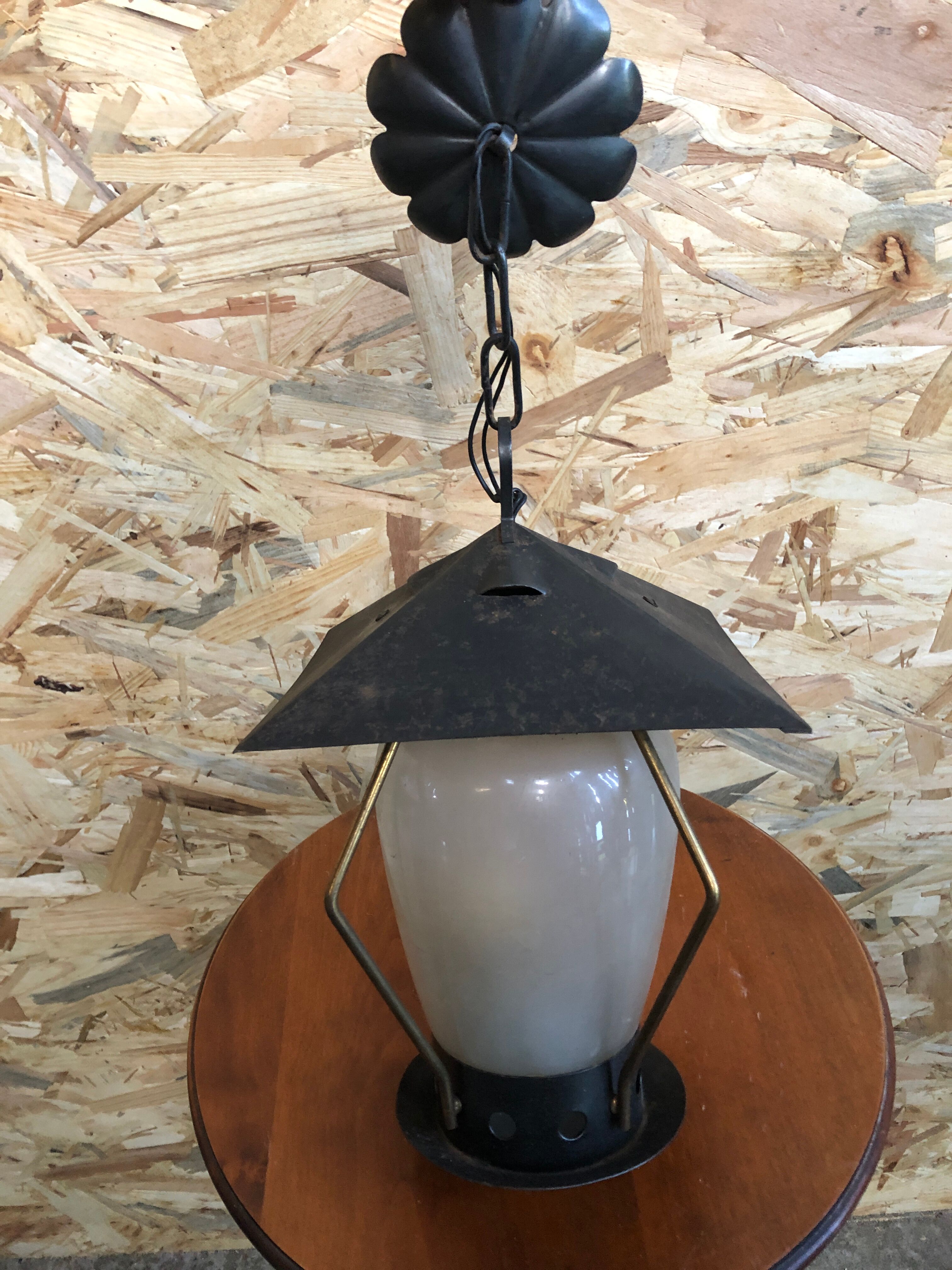 Old black metal & brass lantern pendant + vintage round opaque glass