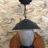 Old black metal & brass lantern pendant + vintage round opaque glass