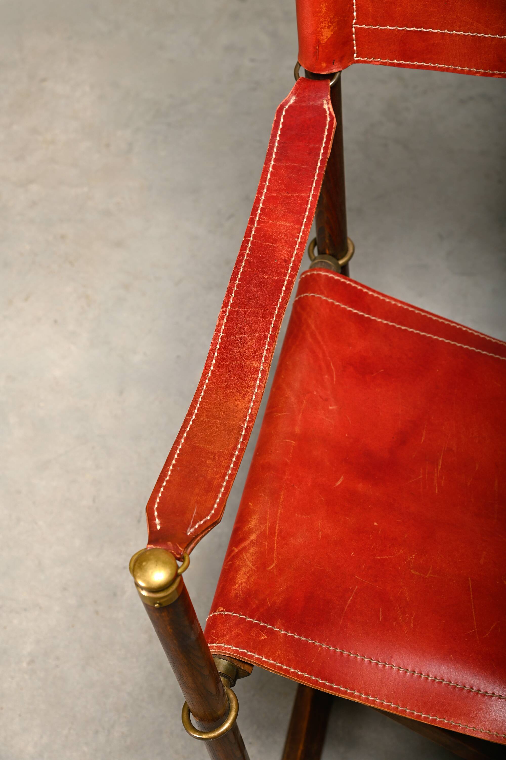 Pair Mogens Koch MK-16 Folding Chair in Oak Wood with Red Leather for Valma