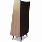Vintage 1960s secretary desk with an angled design, light wood, and tapered legs.