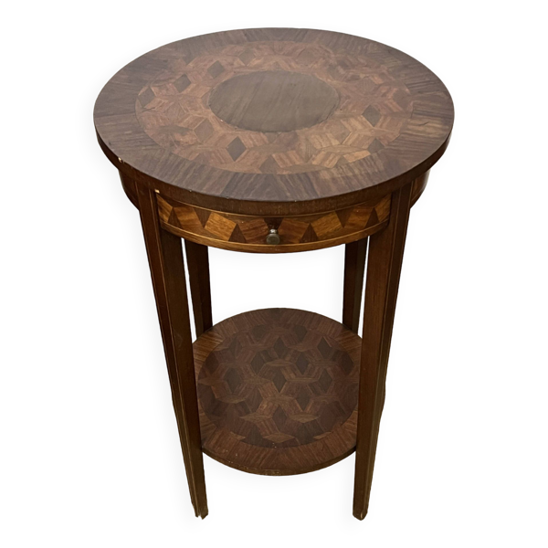 Guéridon / Selette ronde en marqueterie de bois
