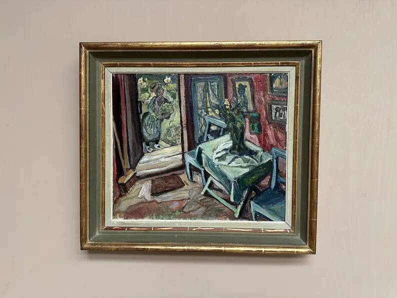 Oil on panel by Swedish artist – "Interior with figure" by Olle Nordberg (1905–1986) – 1944 – vintage and framed – 40×46 cm (15.7"×18.1")