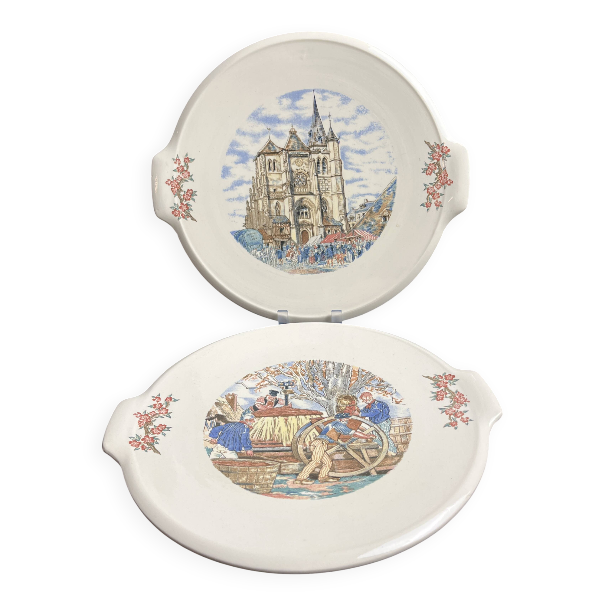Lot of 2 Sarreguemines earthenware cake dishes from Ma Normandie circa 1950