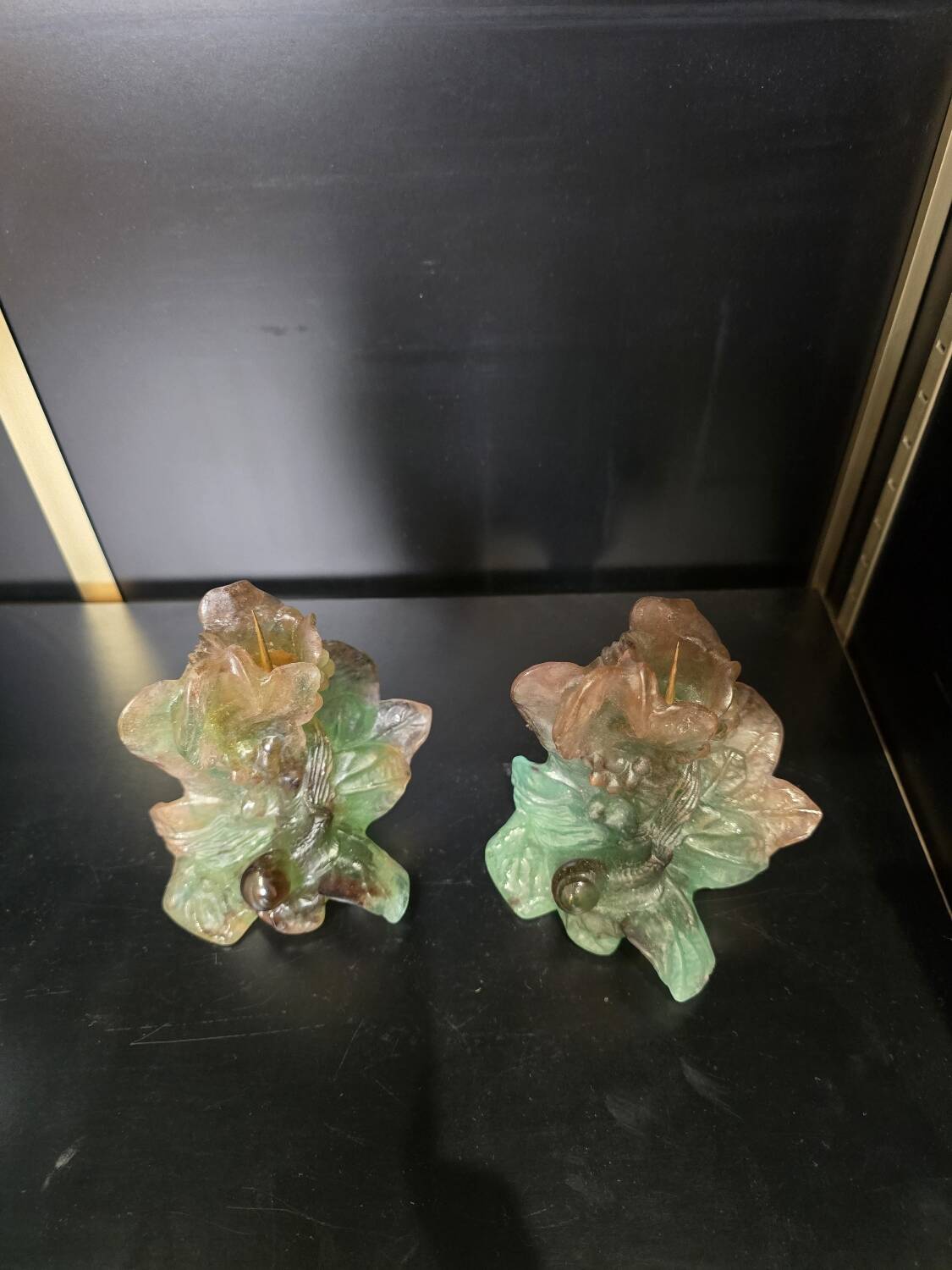 Pair of Daum "Nature" candlesticks in glass paste, 1988