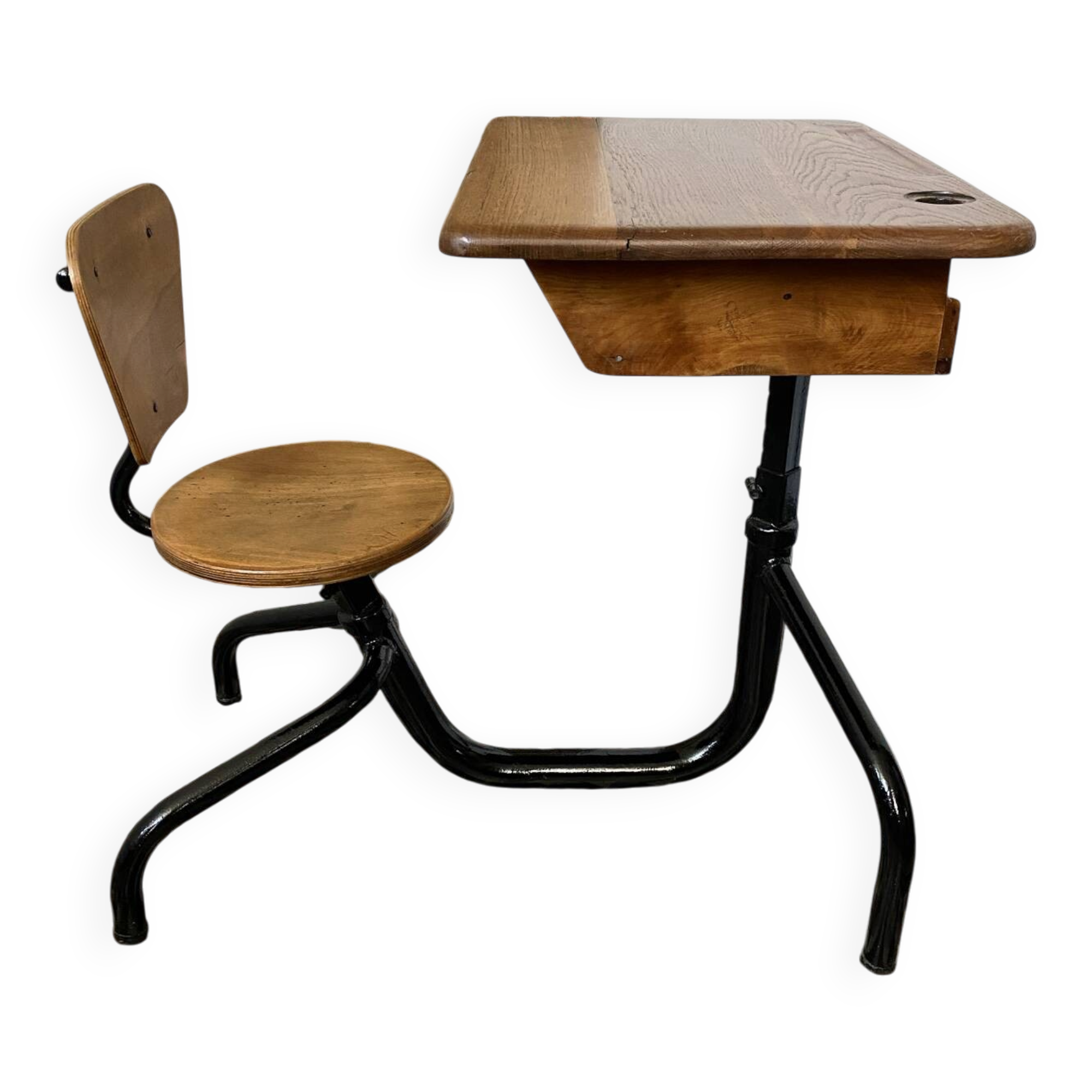 Old school desk with integrated chair – oak and metal – year