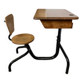 Old school desk with integrated chair – oak and metal – year
