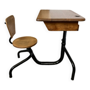 Ancien pupitre d'écolier avec chaise intégrée – chêne et métal – année
