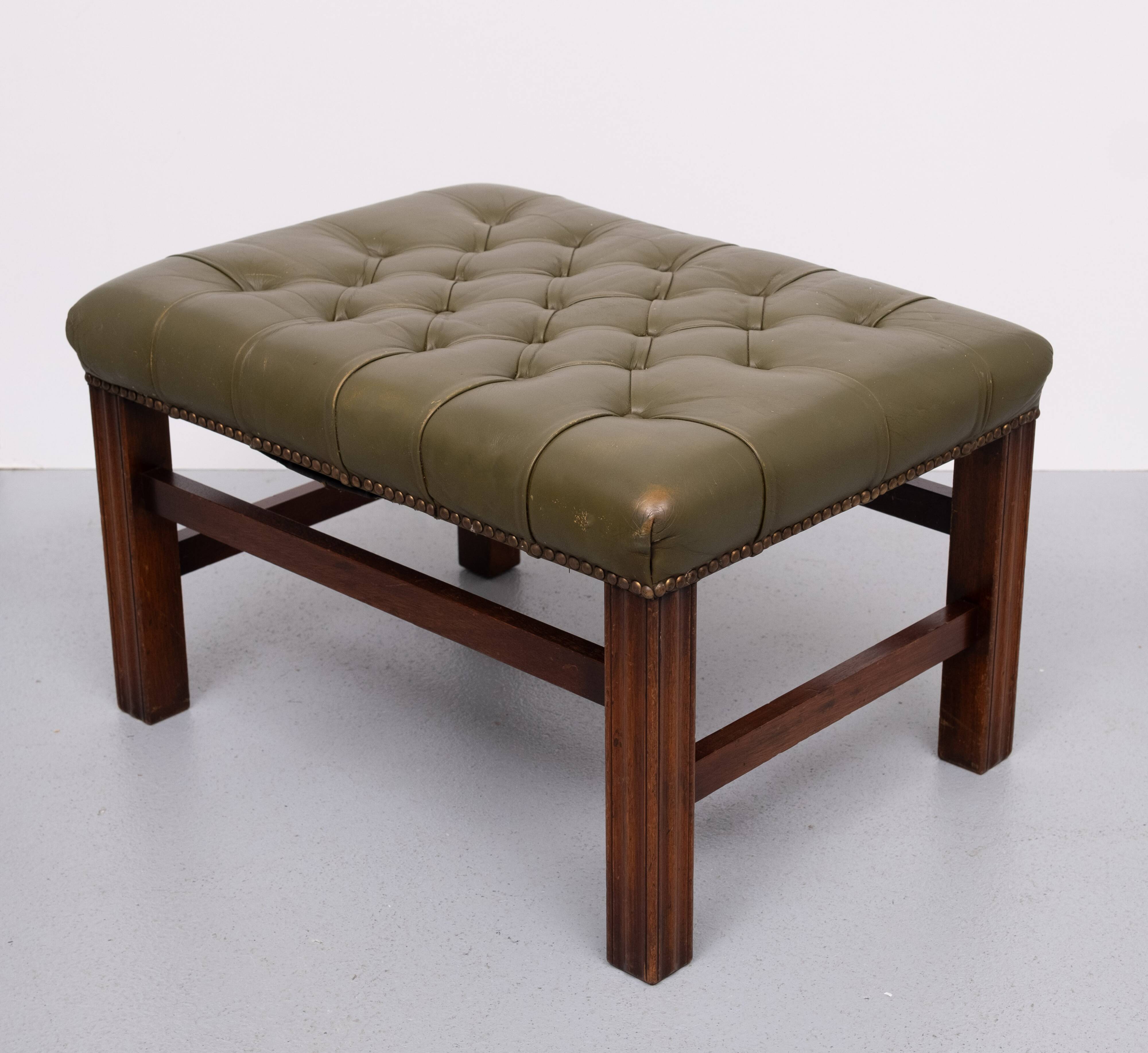 Capped Green Leather Chesterfield Foot stool 1960s England