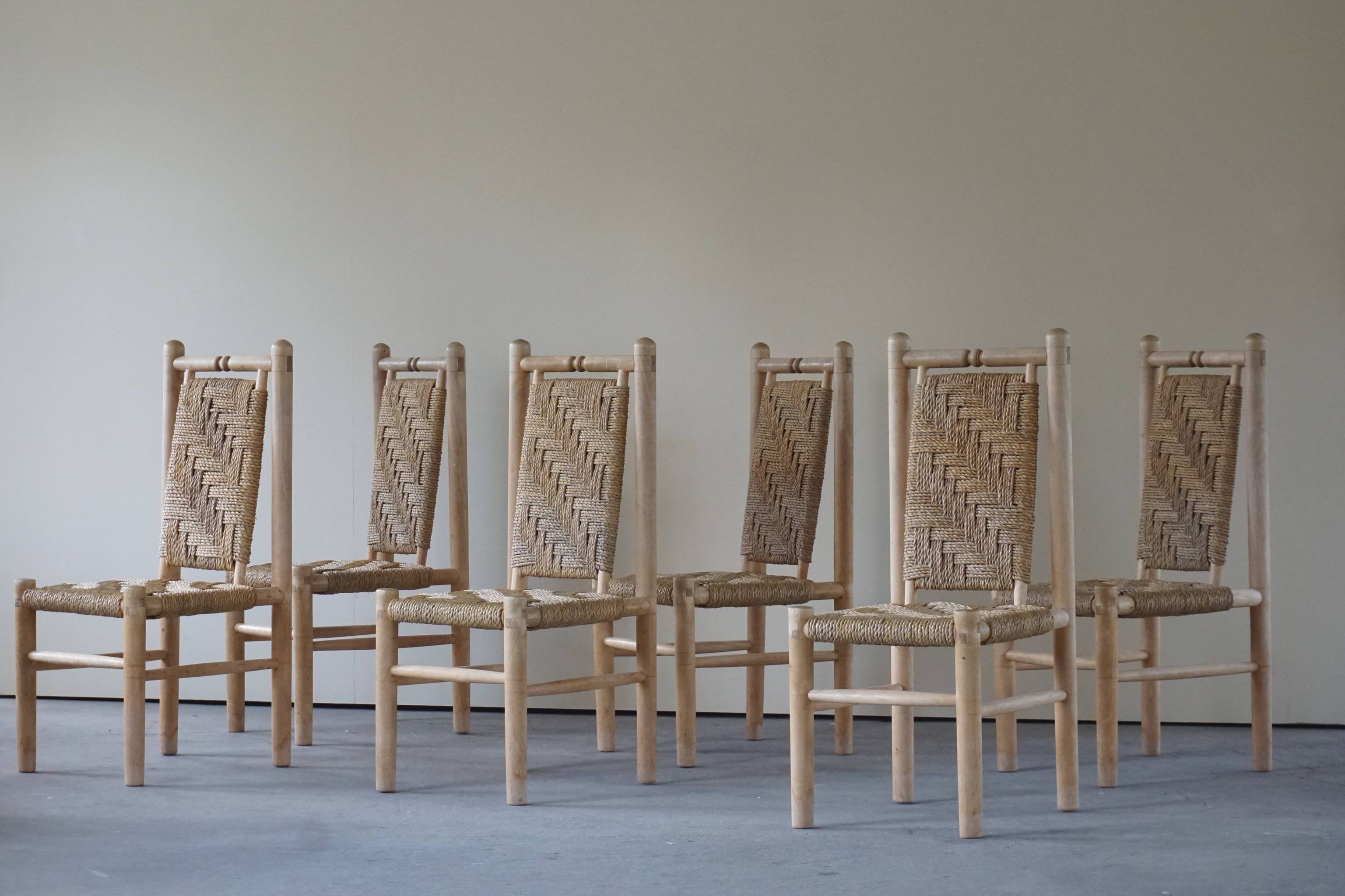 Set of 6 French Mid Century Naturalist Woven Highback Chairs in Solid Elm, 1960s