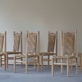 Set of 6 French Mid Century Naturalist Woven Highback Chairs in Solid Elm, 1960s