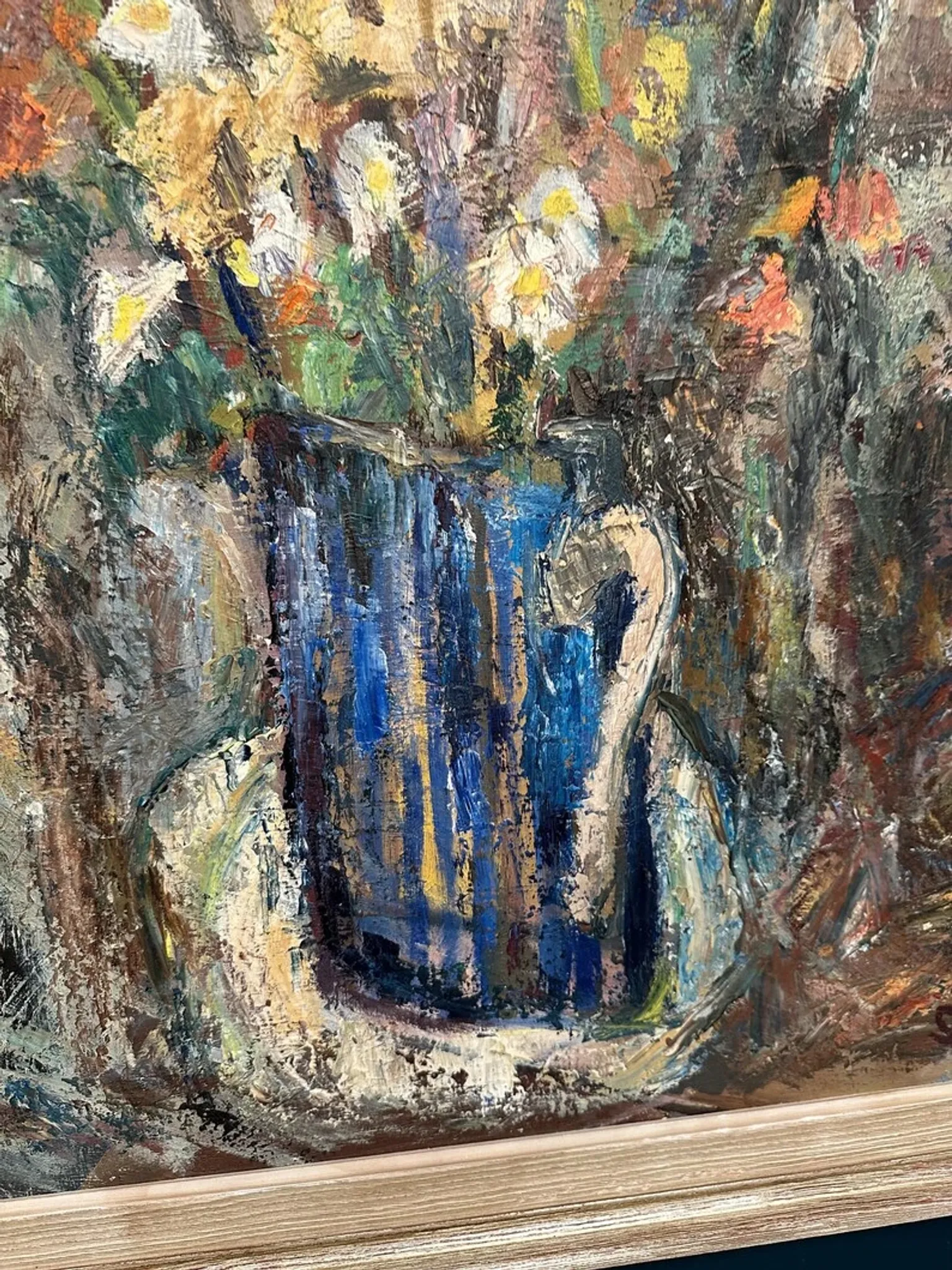 Original Swedish Oil on Panel – “Flowers in Blue Vase” by Sven Age – Signed – Vintage & Framed – 73 × 63 cm (28.7" × 24.8")
