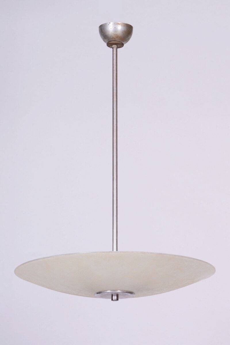 Bauhaus Chandelier in Chrome, Steel and Frosted Glass, Czech, 1940s