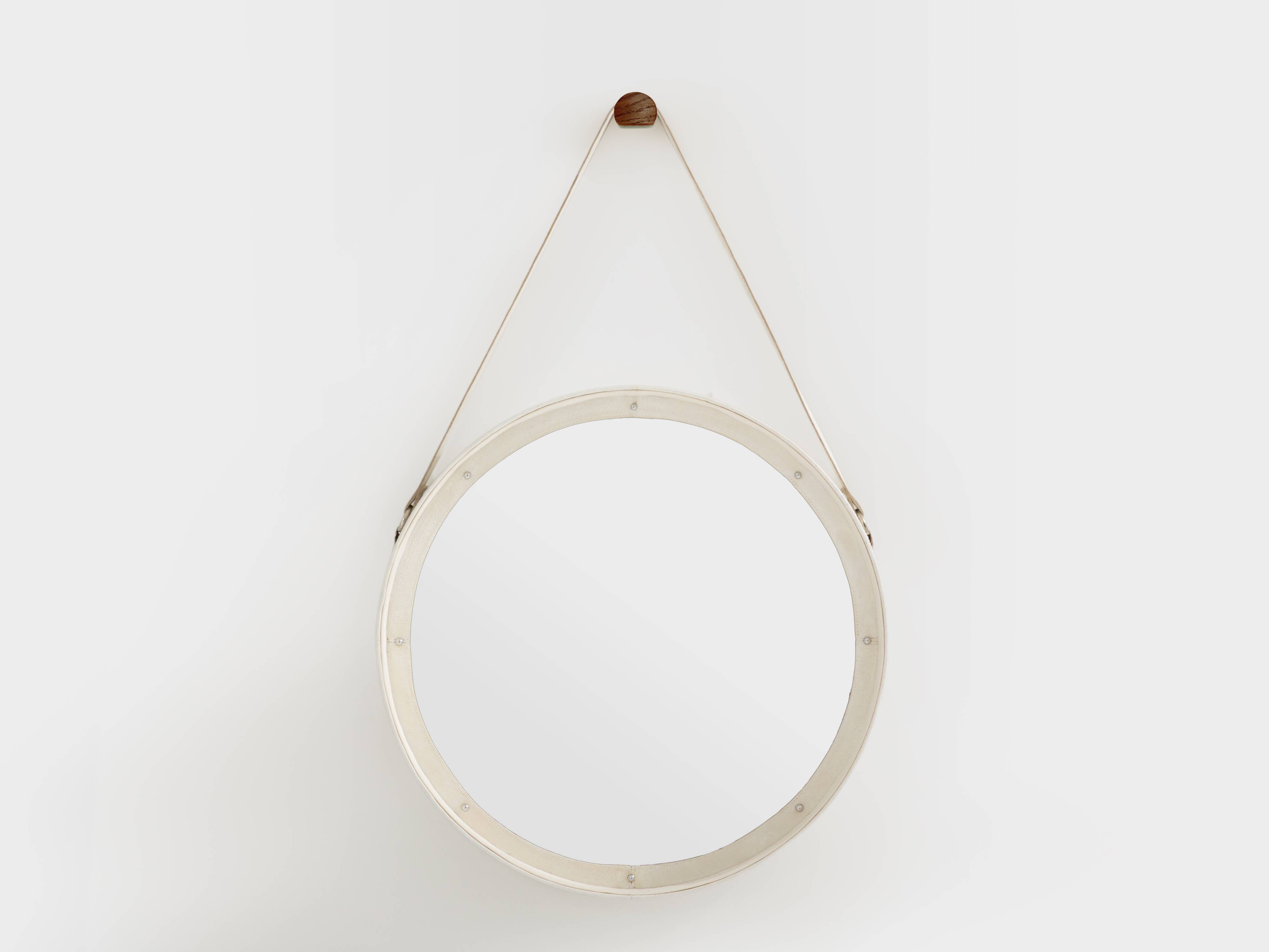 Jacques Adnet original cream leather mirror from around 1940.