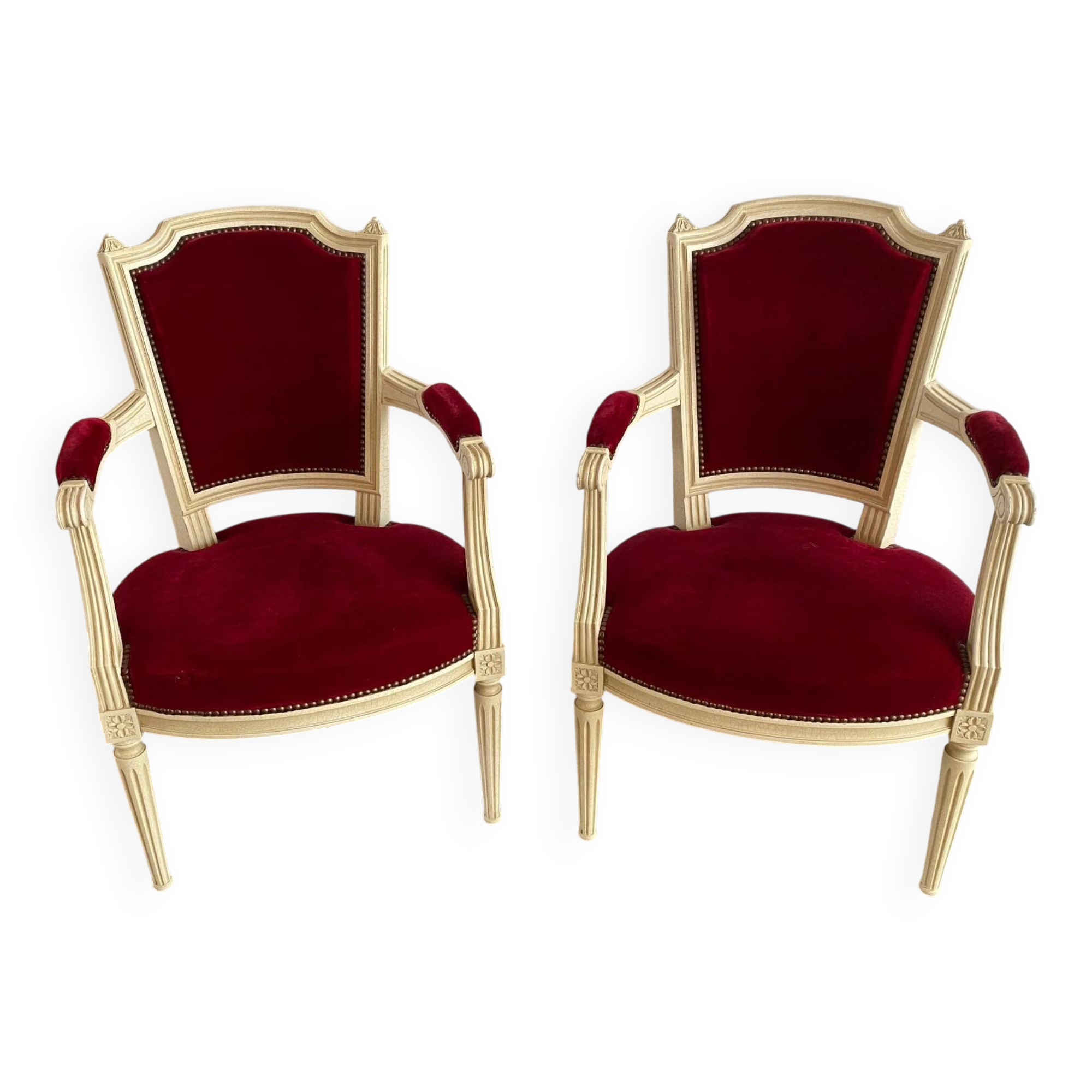 PAIR OF LOUIS XVI STYLE CABRIOLET ARMCHAIRS IN STUDDED RED VELVET FABRIC