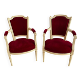 PAIR OF LOUIS XVI STYLE CABRIOLET ARMCHAIRS IN STUDDED RED VELVET FABRIC