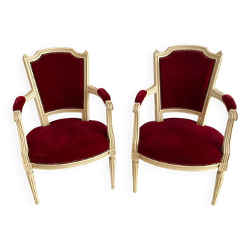 PAIR OF LOUIS XVI STYLE CABRIOLET ARMCHAIRS IN STUDDED RED VELVET FABRIC