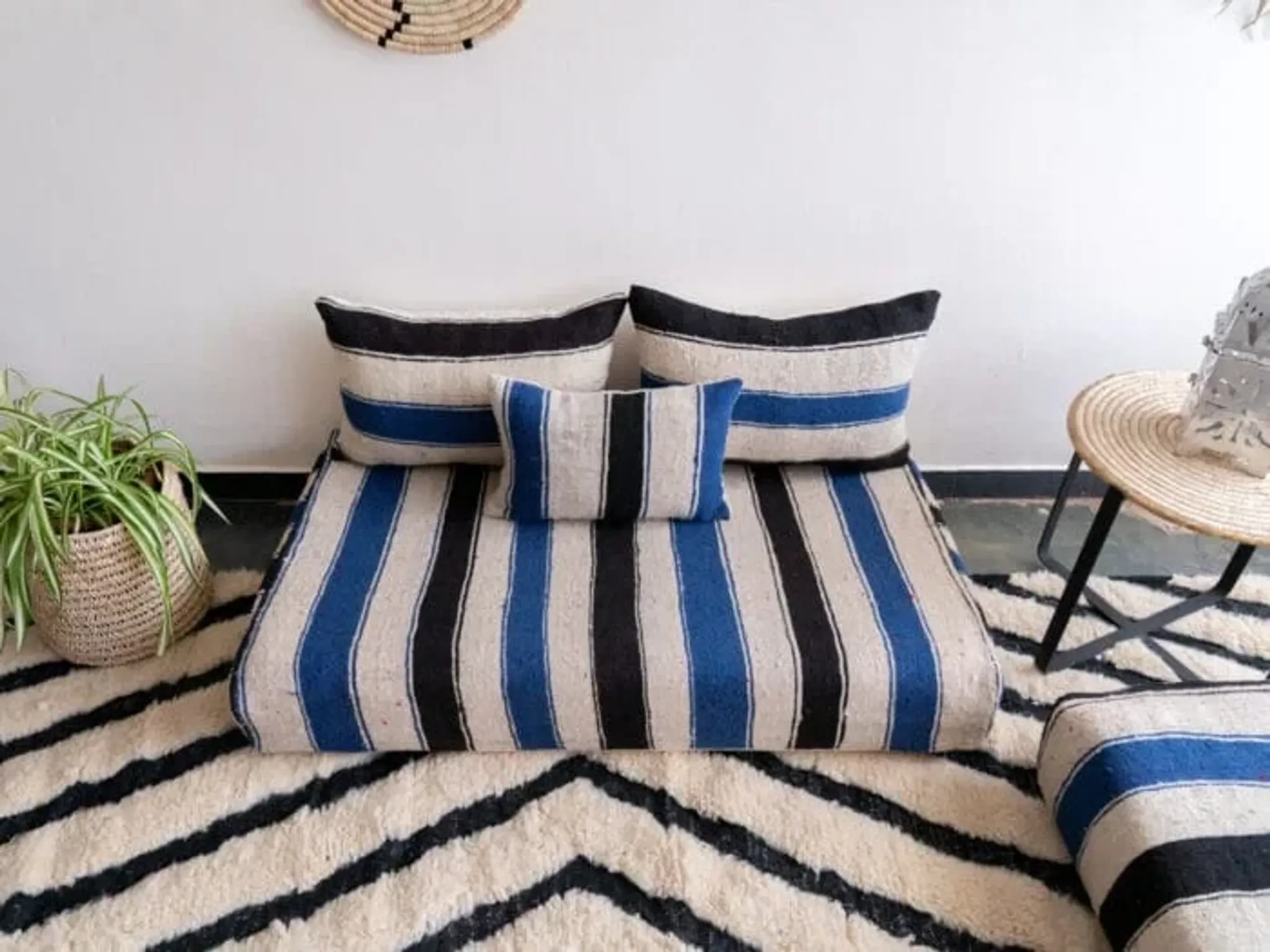 Handmade Moroccan blue and black floor cushion 120x70cm