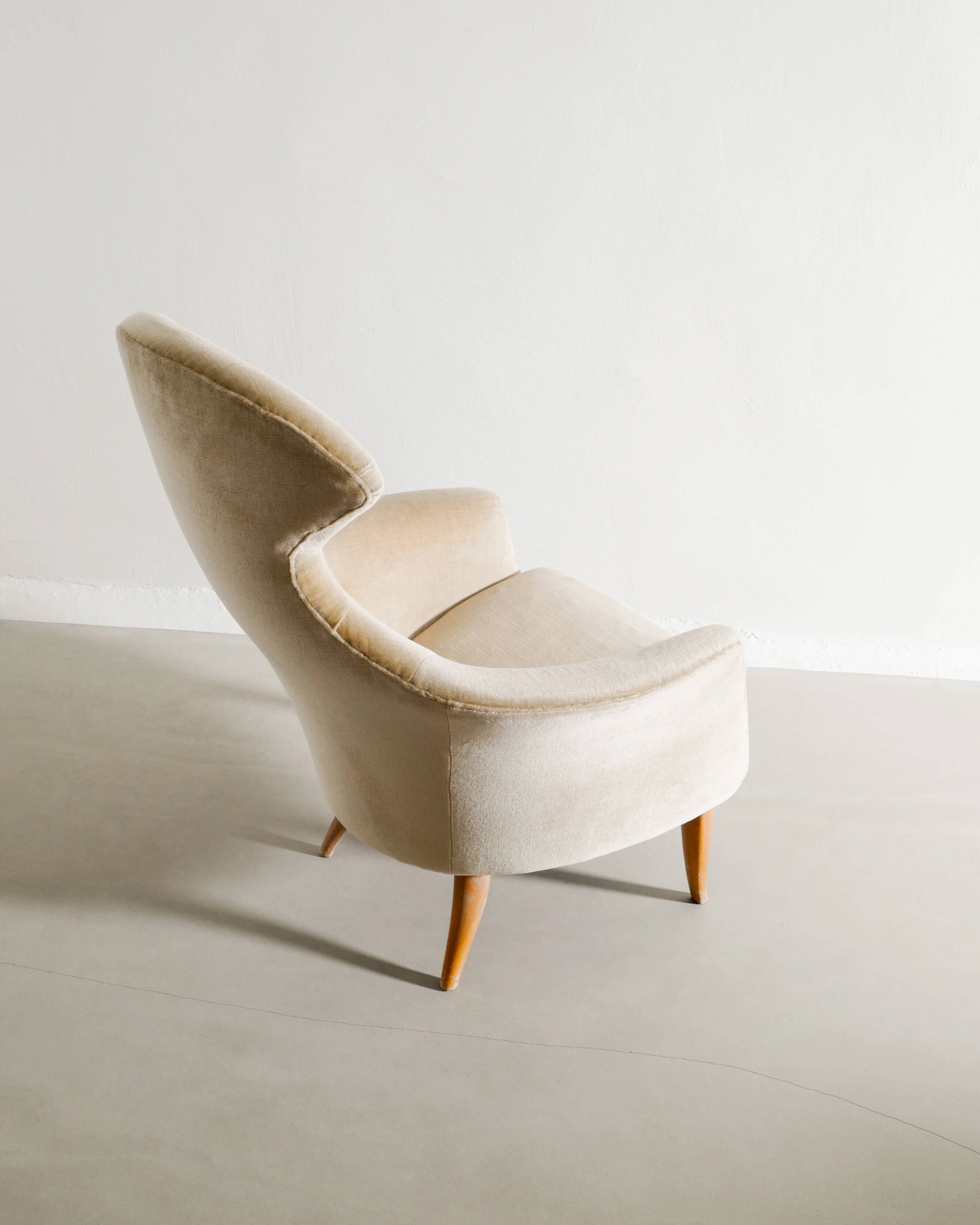 Vintage Swedish Armchair in Wood & Velvet by Kerstin Hörlin-Holmquist 1950s
