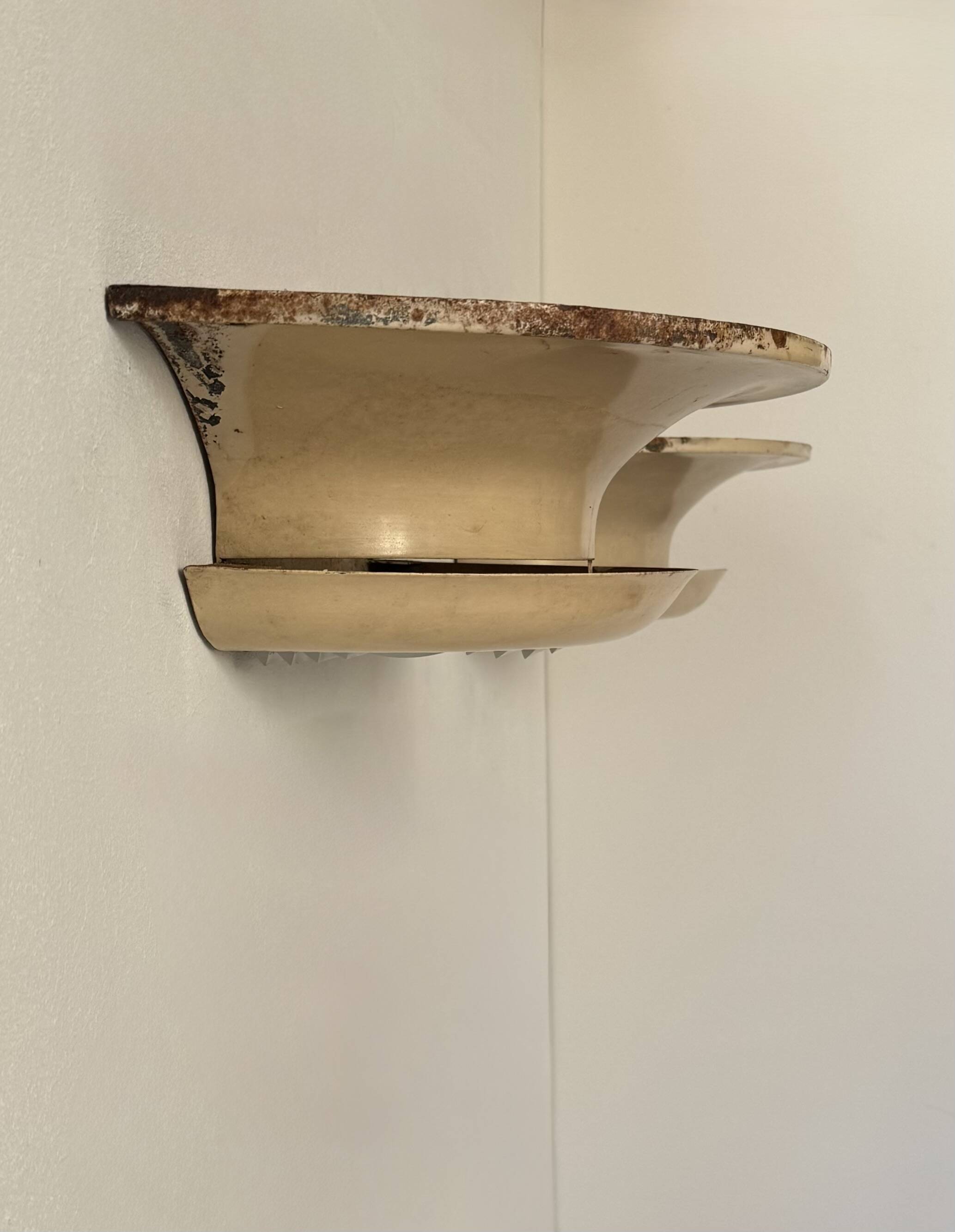 Pair of vintage modernist wall lights, beige painted metal and glass, France, 1930