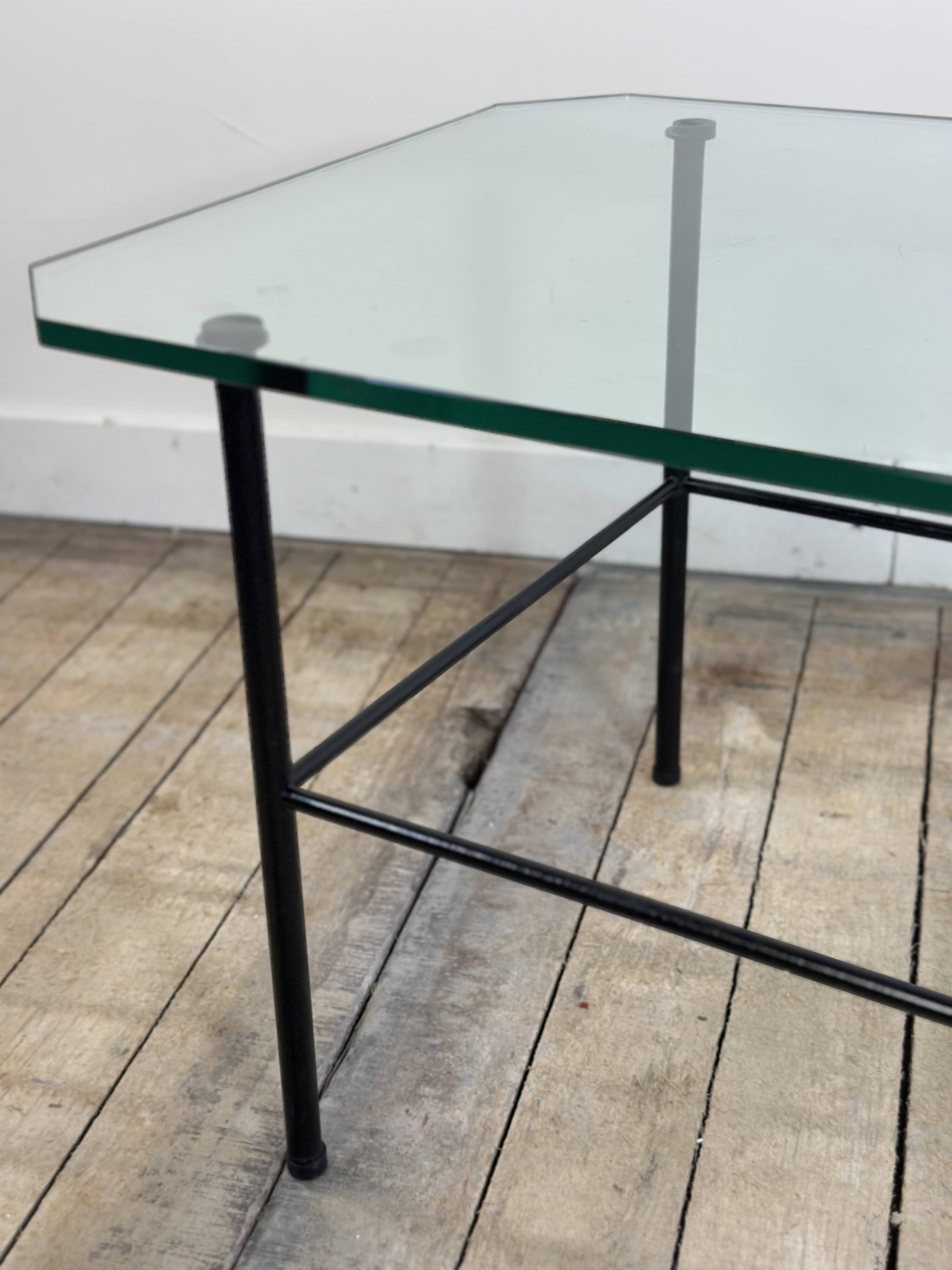 Metal and glass coffee table gérard guermomprez 1956