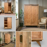 Vintage wardrobe with compass legs in raw wood, sliding doors, 1960s