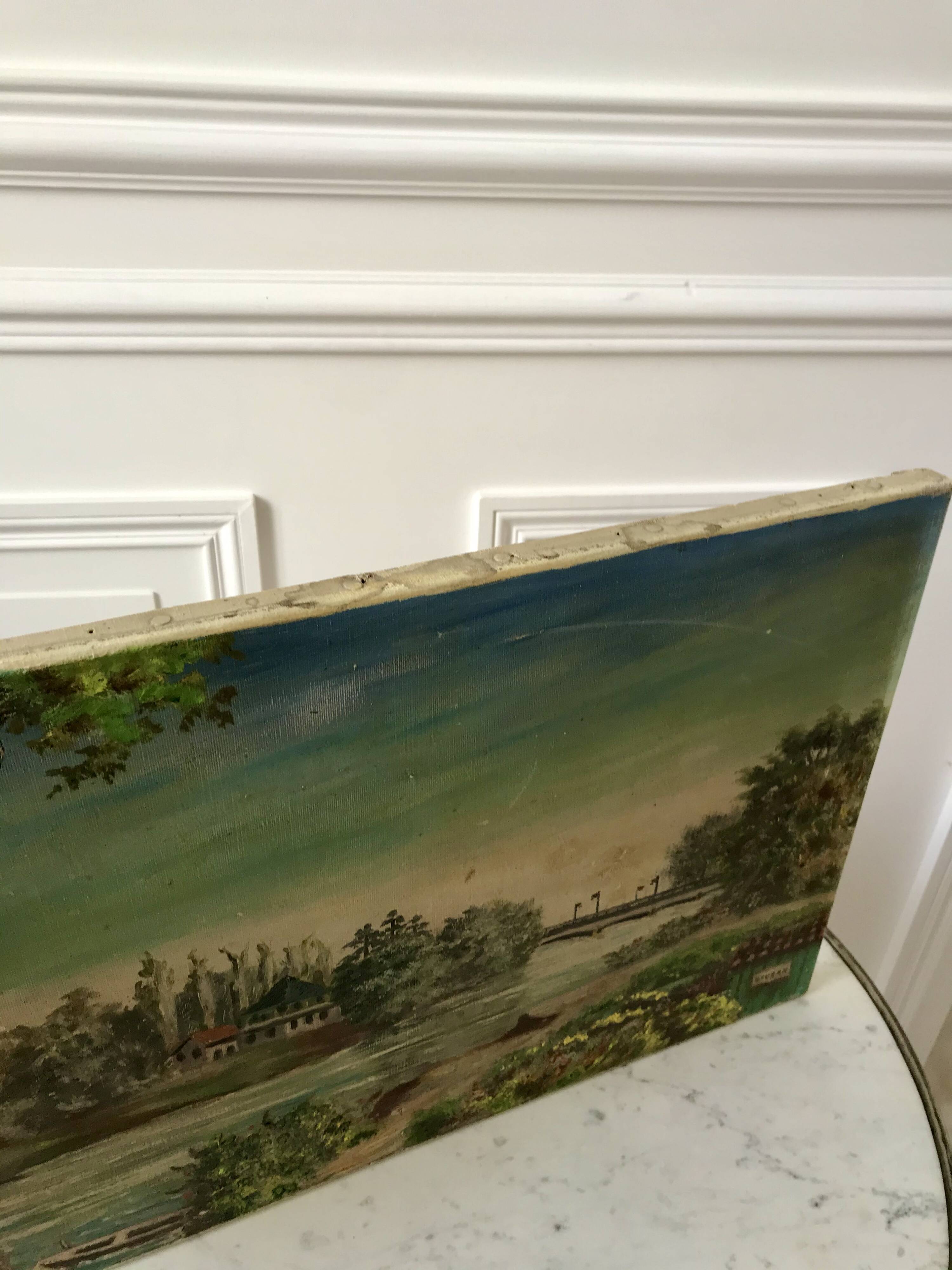 Oil painting on canvas landscape river bellerive bridge signed "morand" vinage