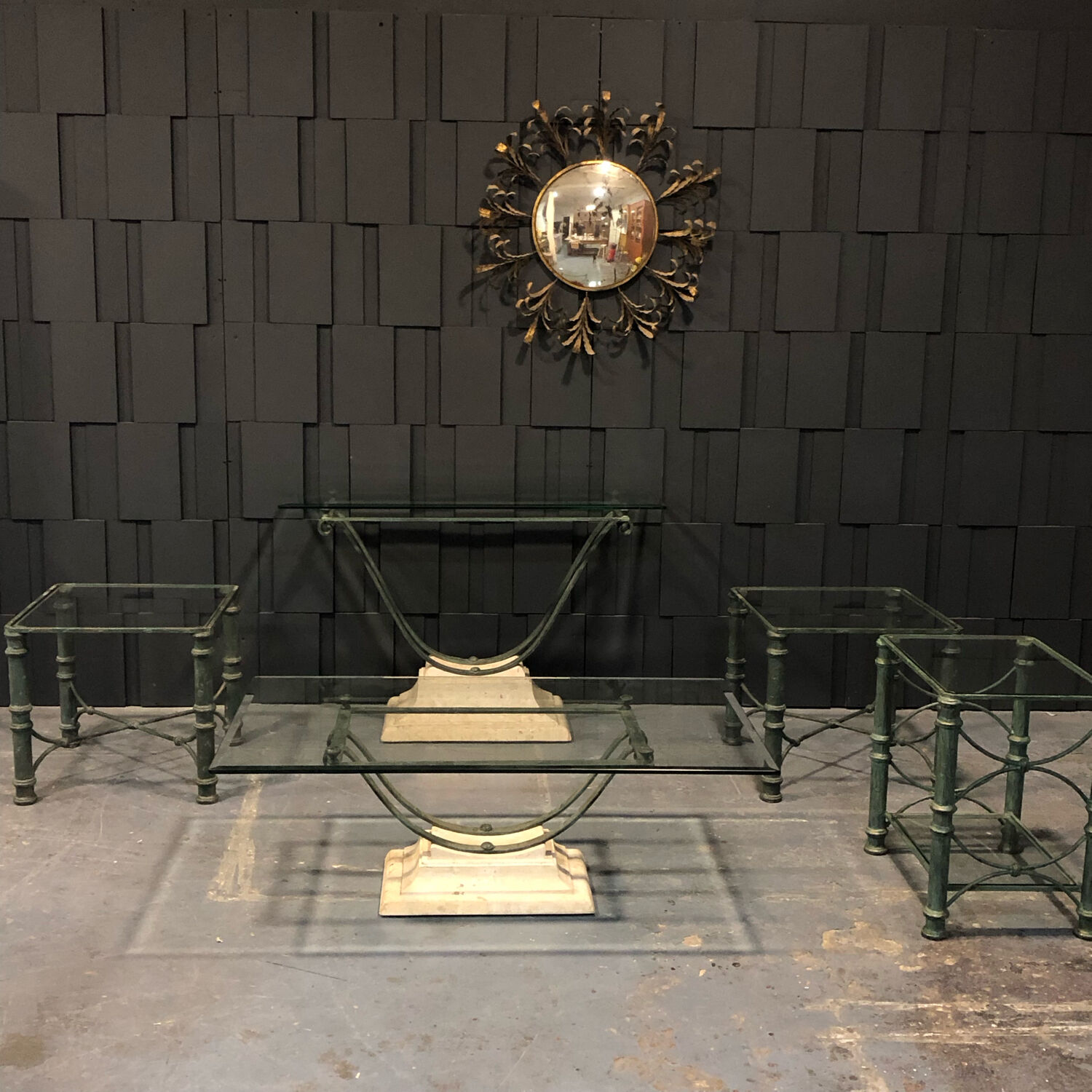 Iron and glass side table with antique patina