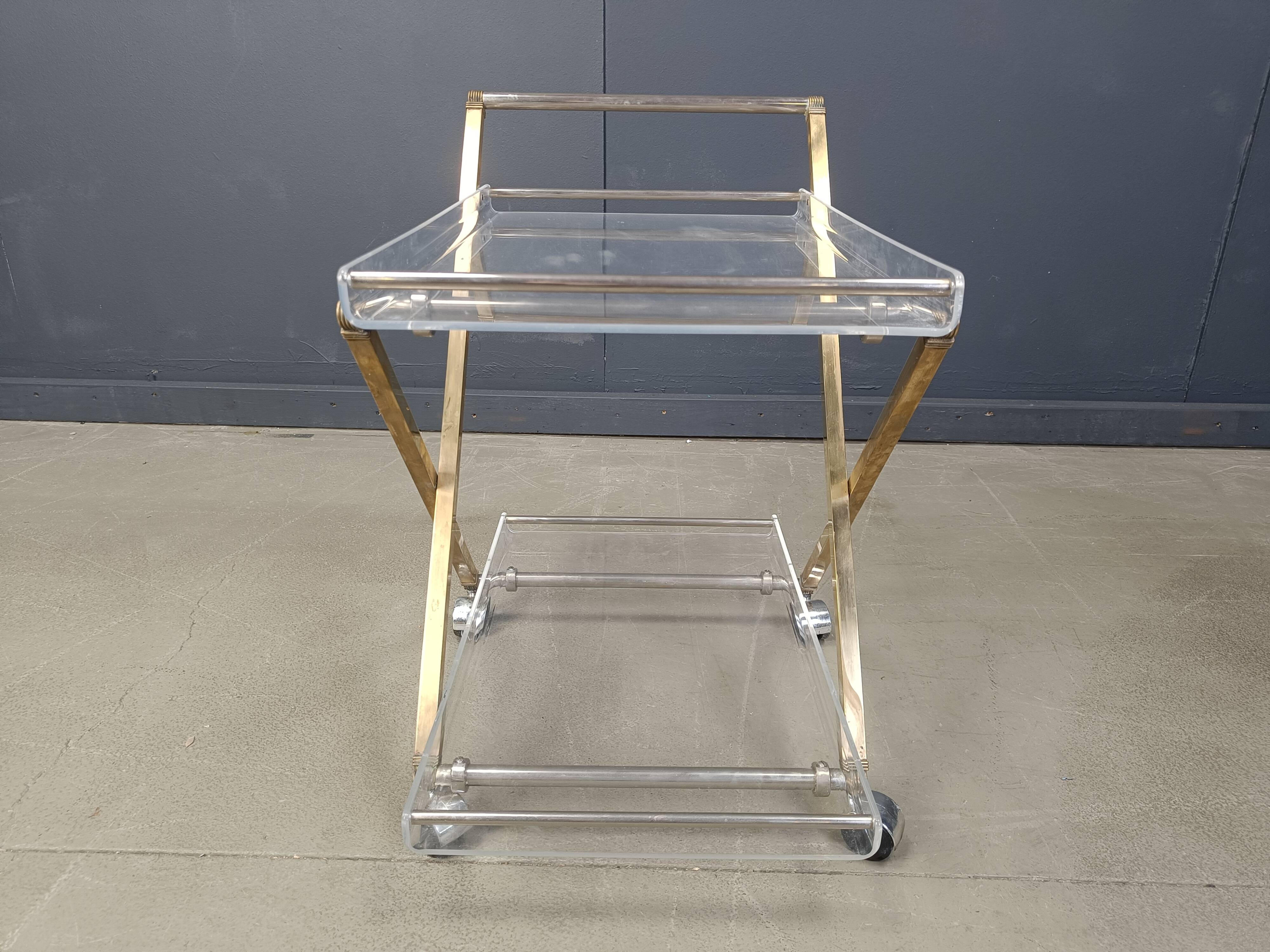 Vintage lucite and brass trolley, 1970s