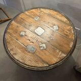 Old bistro round table / workshop – wooden top with metal rim – foot