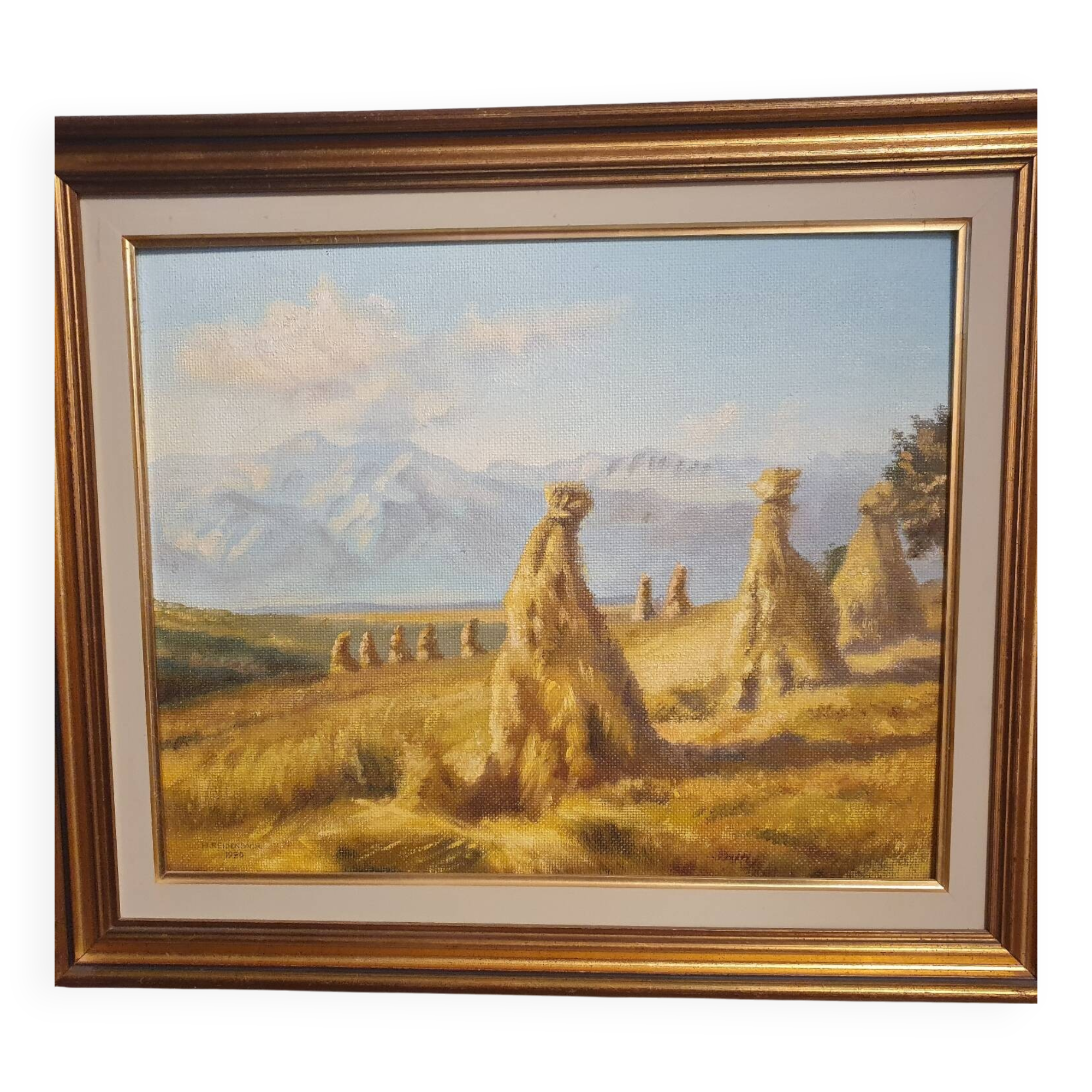 Oil painting on wood, harvest landscape