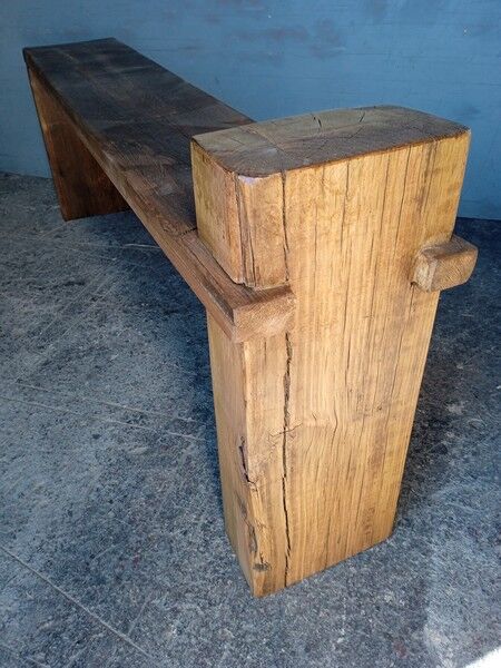 Solid patinated wood design bench 140cm