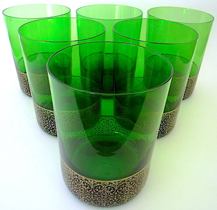 Set of six green smoked crystalline whiskey glasses