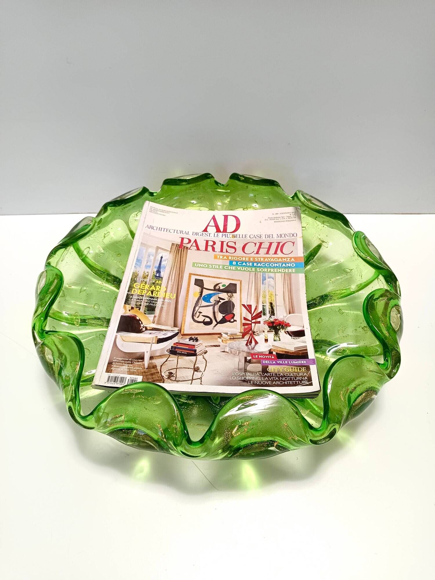 Large Green Bullicante Murano Glass Bowl or Centerpiece with Gold Leaf