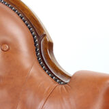 Fauteuil en cuir et noyer cognac, Tchécoslovaquie années 1940